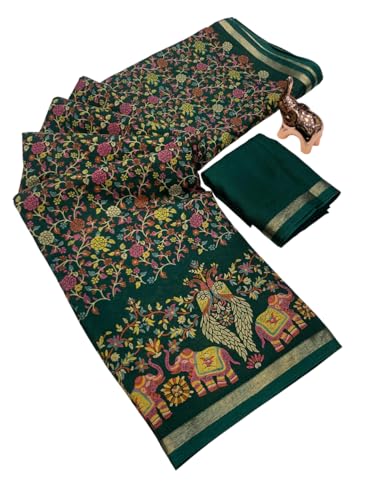 Image of Kalamkari Floral Prints Dola Silk Saree With Rich Zari Border Designer Pallu Attach Blouse Piece