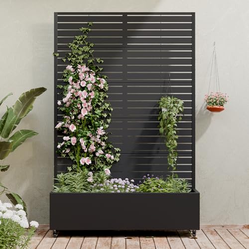 Casaphoria Metal Raised Garden Bed with Trellis and Wheels 72x47x16 Planter Box for Climbing Plants Vegetables & Vines Features Drainage Holes and Privacy Screen (Black-Louver)