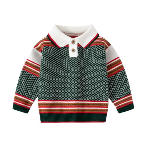 Meufam Baby Baby Stripe Color Block Collar Sweater Cable Knit Sweater for Boys Long Sleeve Crewneck Pullover Sweatshirt (Dark Green,110/3-4 Y,Unisex,Big Kid,US,Age,3 Years,4 Years)