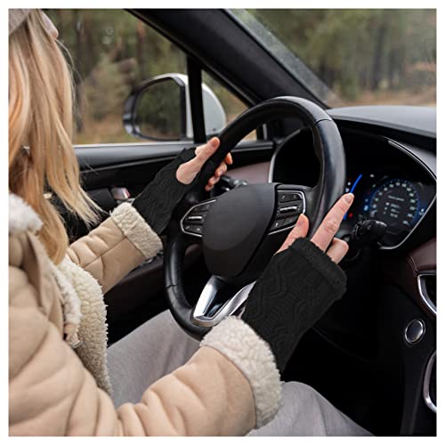 Feelorna Mitaines en tricot pour femme - En peluche - Pour l'hiver - Moufles - Poignets plus chauds - Avec trou pour le pouce, Noir , taille unique – vue 7