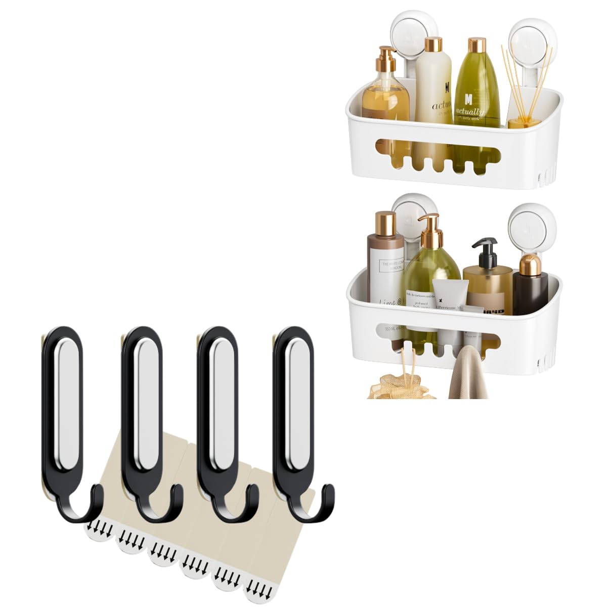TAILI Shower Caddy Suction Cup 2 Pack & Adhesive Hooks 4 Pack Heavy Duty Bathroom Shower Organizer, Removable Shelves for Inside Shower, Shampoo, Wall Mouonted Plastic Storage for Bathroom
