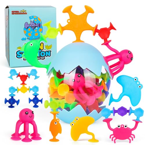 Juego de Ventosas para Niños, 50 Piezas Juguetes de Baño para Niños de 3 Años, Silicona de Succión para Bebés, Juguetes Sensoriales Interactivos