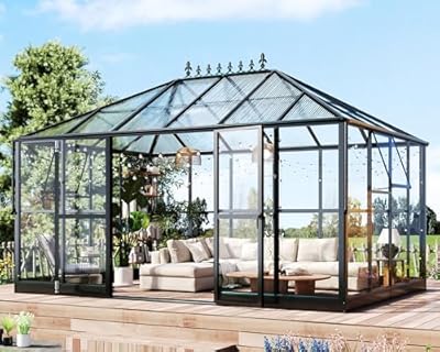 HOWE 14x9.5x9 FT Pavilion Styled Greenhouse with Clear Panels Double Swing Doors, 6 FT Wall Height Hybrid Polycarbonate Greenhouse, Green Houses for Outdoors, Sunroom Black