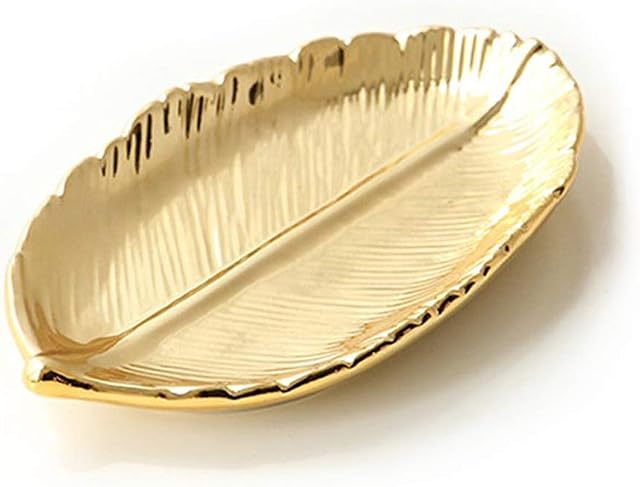 LEPENDOR Ceramic Plate Jewelry Tray Jewelry Holder Jewelry Display - Ring Dish - Organizer for Keys - Phone - Jewelry - Watch - Wallet -Trinket - Best Wedding/Birthday (Gold Leaf)