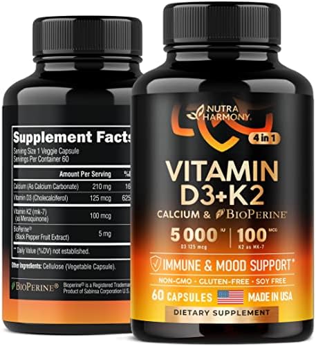 NUTRAHARMONY Vitamin D3 K2 with Calcium & Bioperine - Made in USA - 5000 IU, 125 mcg of D3, 100 mcg of K2 as MK-7-4-in-1 Supplements - Immune & Mood Support - As Drops & Gummies - 60 Veggie Capsules