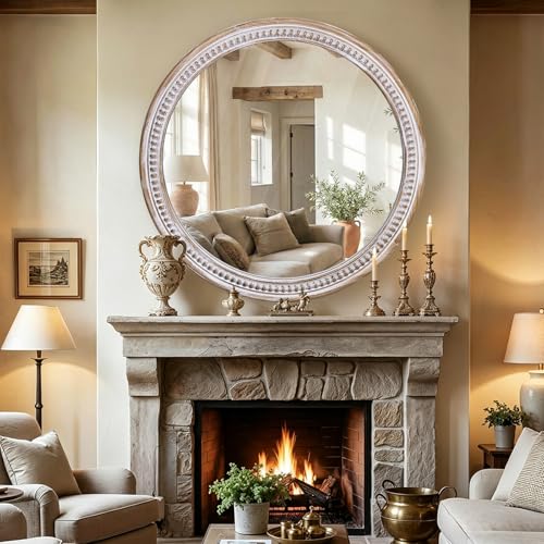 Image of 30 Inch Round Wood Mirror, Rustic Farmhouse Wall Mirrors for Bathroom | Boho Accent, HD Tempered Glass, Large Decorative Appeal, Ideal for Living Room, Entryway, Foyer, Vanity, and Hallway
