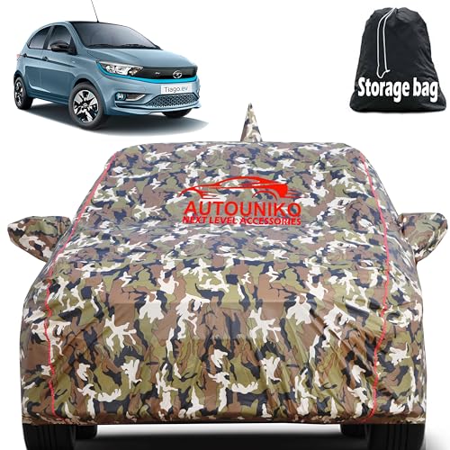 Image of Waterproof Car Body Cover for Tata Tiago Ev with Mirror and Antenna Pocket and Soft Cotton Lining (Full Bottom Elastic Triple Stitched) (Army)