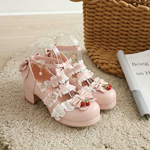 Ulalaza Women's High Heel Mary Jane Shoes Sweet Party Festive Lace Bow Pearl Strawberry Cute Dress Shoes2