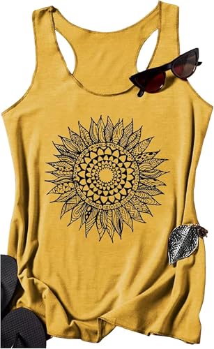 CHUNTIANRAN Boho Tank Tops for Women Summer Vacation Sleeveless Tee Shirts Cute Hippie Beach Tank Tops Bohemian Workout Camisole Top(Mandala Sunflower-Yellow, Large)
