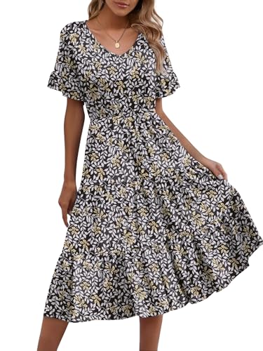 Zeagoo Sommerkleid Damen A Linie Blumen Strandkleid Elegant V-Ausschnitt Kleider Strandkleid Kurzarm Shirtkleider Rüschen Ärmel Midikleid mit...