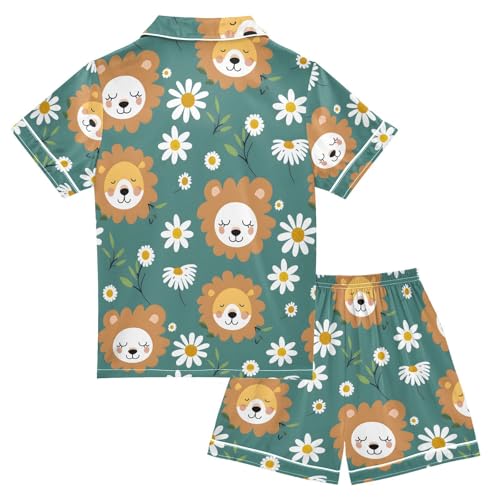 ALAZA Cute Lion Floral Daisy Blue Pajamas Satin Pajama Set Short Sleeve Button Down Sleepwear2