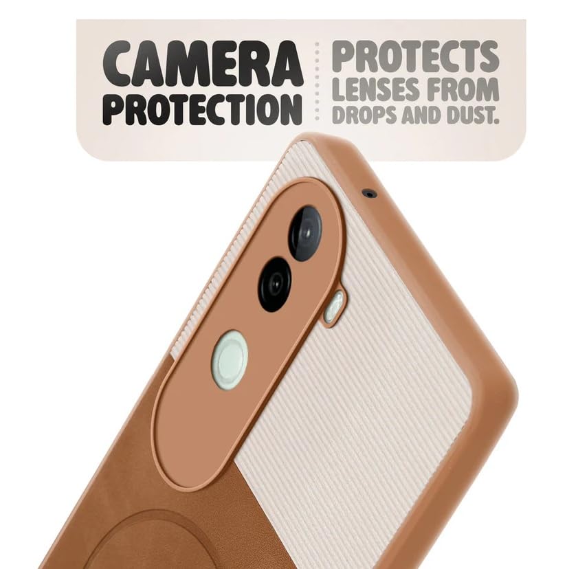 Image of Bintage CASE Mac Safe Design Hard Light Weight Back Case | Soft Border Camera Protect | Dual PU Leather Finish Back Cover Compatible for iQOO Z9s 5G - White & Brown