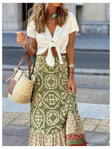 GORGLITTER Women's Boho Western Ruffle Flowy Maxi Skirt Trendy Summer Graphic Elastic High Waisted Beach Long Skirts4