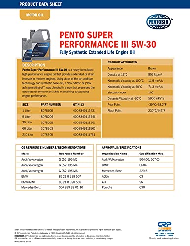Pentosin 8078206 Pento Super Performance Iii 5W-30 Full Synthetic Extended Life Motor Oil For All-Season Use; 5 Liter Jug #TOP5