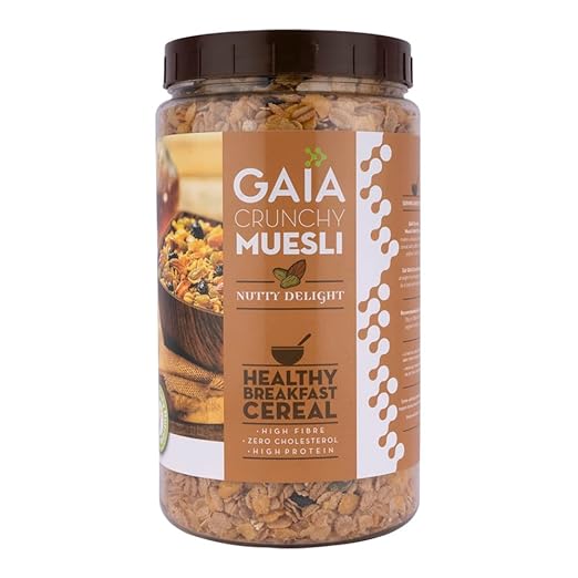 GAIA Nutty Delight Crunchy Muesli 1 kg jar - A Perfect Blend of Multigrains, Nuts, Oats and Cornflakes The Ultimate Healthy and Delicious Breakfast Cereals.