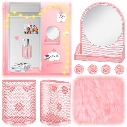8 Pcs Locker Accessories Kit, Back to School Essentials, Pink Magnetic Mirror, Magnetic Pen Holders, Cute Flower Magnets, Pink Locker Decorations for School Locker Organizing Supplies
