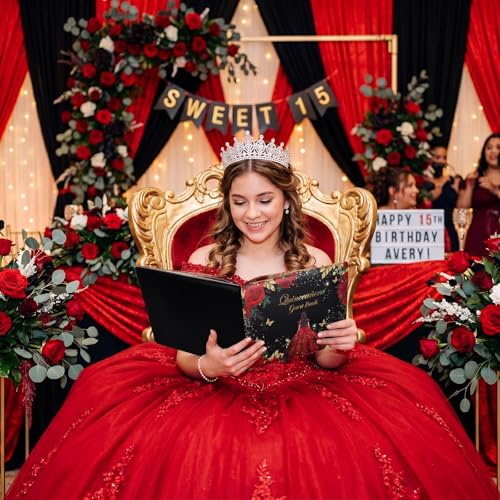 Image of MotiMind Quinceanera Guest Book with Pen 11 x 8 Inch Libro De Firmas Para 15 Anos Quinceanera Leather Hardcover Signature Guest Sign in Book for 15th Party Favors Decoration (Red,Bright)