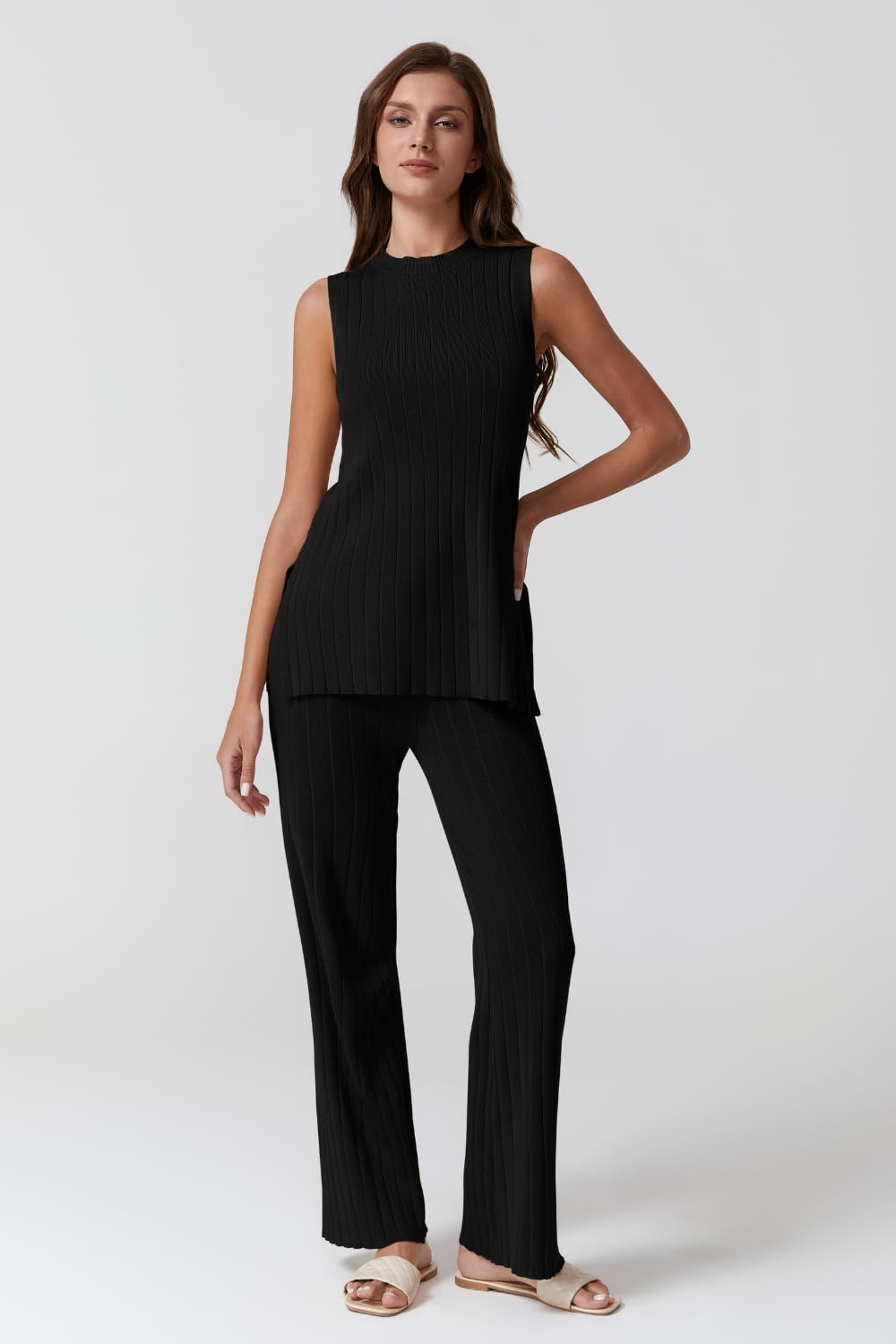 QINSEN Lounge Sets for Women Two Piece Outfits Knit Sleeveless Vented Hemline Tops Wide Leg Pants Sweater Sets - Image 4