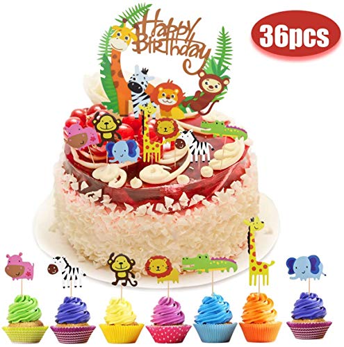HQDeal 1PC Animal Cake Topper, 35PCS Zoo Animal Cupcake Toppers, Jungle Safari Cake Topper, Jungle Animal Cake Toppers, Zoo Animal Cake Decorations Kids Birthday Animal Jungle Theme Party Supplies