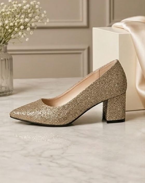 Image of Xocean Women's Pvc Gold Shimmer Pointed Toe Heels Sandal for Wedding Party & Festive