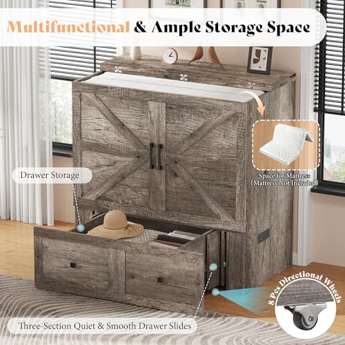 Image of AMERLIFE Twin Murphy Bed Cabinet with Charging Station and Storage Drawer, Farmhouse Foldable Platform Bed for Home Office, Apartment, Small Spaces, Rustic Grey
