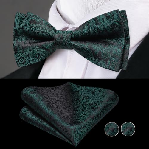Image of Dubulle Mens Cummerbund and Bow Tie Set Paisley Floral Pretied Bowties for Men Pocket Square Cufflinks Wedding Business