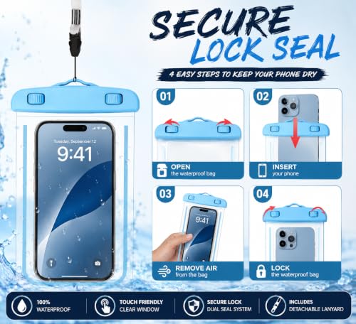 Image of Waterproof Pouch for Phone Black Blue Pack of 2 with Lanyard