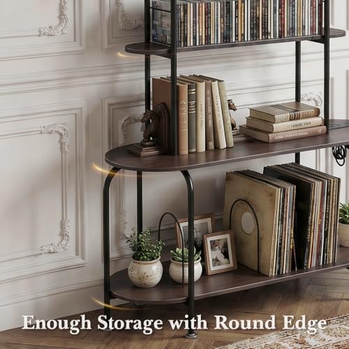 Image of Faesun Record Player Stand with Storage, 5-Tier Turntable Stand with Charging Station, CD Storage with Adjustable Book Stoppers, for CDs, Vinyl Records, Books, Games, for Living Room, Bedroom, Walnut