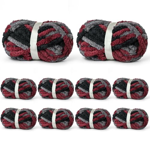 Image of 10 Pack Jumbo Chunky Yarn for Hand Knitting, Fluffy Variegated Chunky Chenille Yarn for Crocheting, 240yds /70.5oz Super Bulky Soft Crochet Baby Blanket Yarn(Gray-Black-Red)