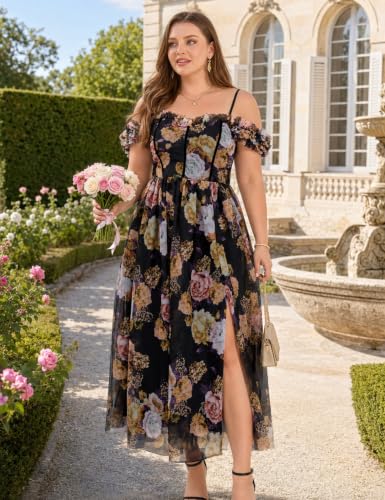 Image of EYWOL Plus Size Formal Wedding Guest Cocktail Party Floral Dress with Slit