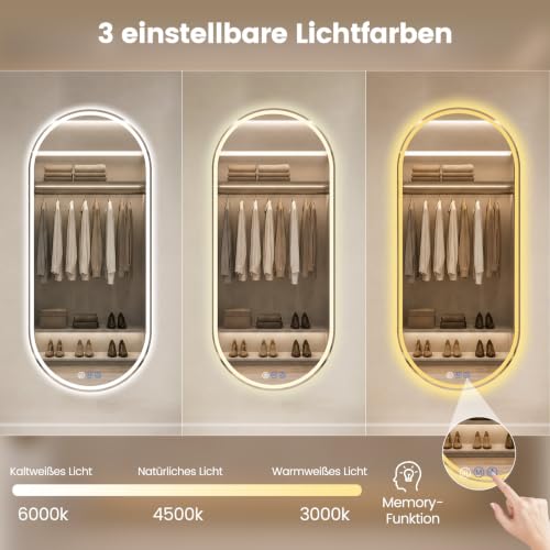 XRAMFY Badspiegel mit Beleuchtung 140×60CM, Touch-Schalter, 3 Farben Dimmbar, Beschlagfrei mit Memory-Funktion, IP65 Wassergeschützt… – Ansicht 5