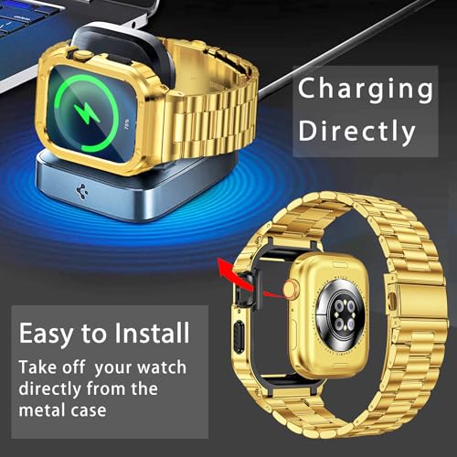 Image of MioHHR Stainless Steel Band and Case Compatible with Apple Watch Bands 46mm | Men Metal Protective Bumper Cover with Straps for iWatch 46mm Series 11 /10, Gold