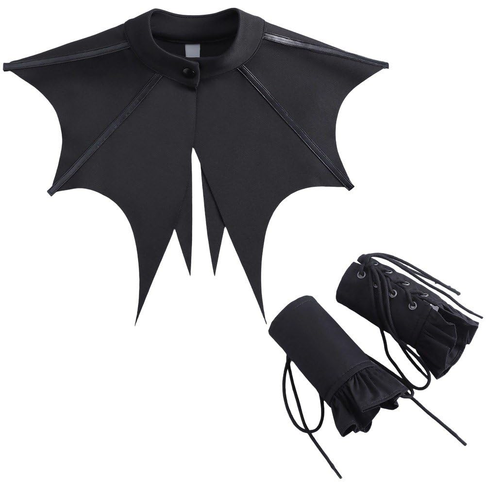 Sslvya Gothic Bat Collar and Wrist Cuffs Set Bat Costume Accessories Black Vintage False Collar Halloween Cosplay Accessories