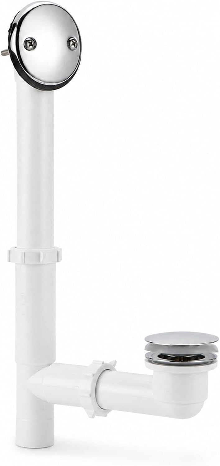 1-1/2" Bathtub Drain Kit, Tip-Toe Stopper, Waste and Overflow | Chrome 2-hole faceplate, white PP tubing, slip-joint fittings, 14.6-18.1 in. vertical and 6.3-8.3 in. horizontal range