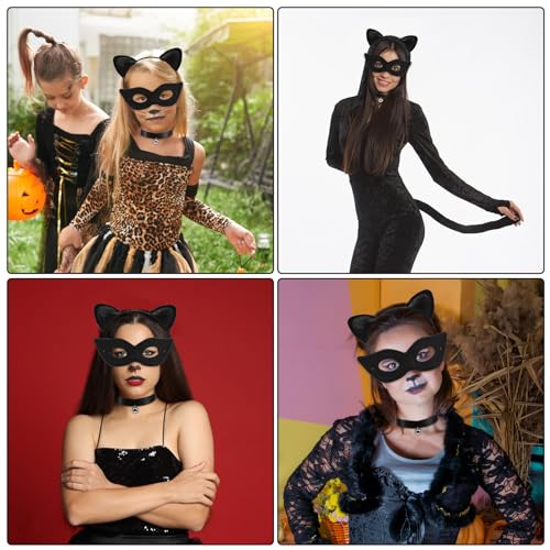 Sprinlot Katzenkostüm Damen, Katzenohren Haarreif Schwanz Halskette Masken, Katze Kostüm Accessoires Erwachsener Halloween Karneval Cosplay Party