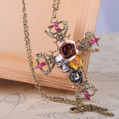 Vintage Style Antique Bronze Cutout Cross Pendant with Skull and Roses Design Long Necklace
