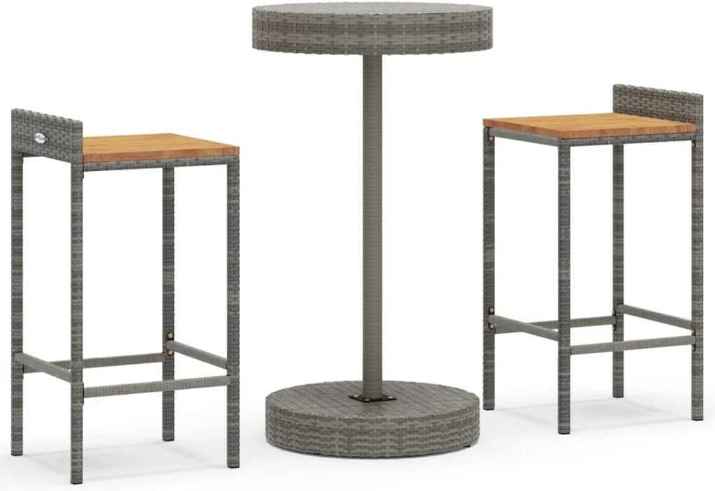 Modern Gray Garden Bar Set with Table and 2 Stools, Durable Synthetic Rattan and Acacia Wood Outdoor Furniture for Patio Dining