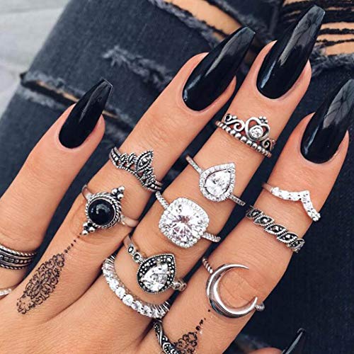 Zehory Boho Black Rhinestone Statement Rings Set Silver Moon Heart Joint Knuckle Ring Vintage Crown Leaf Stacking Rings for Women and Girls (10Pcs)