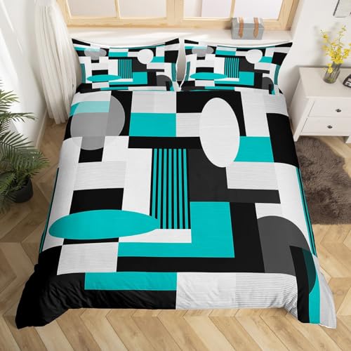 Feelyou Geometric Bedding Set King Size Kids Teal White Black Comforter Cover Set for Boys Girls Geometry Rectangle Square Duvet Cover Modern Abstract Art Bedspread Cover Room Decor Quilt Cover