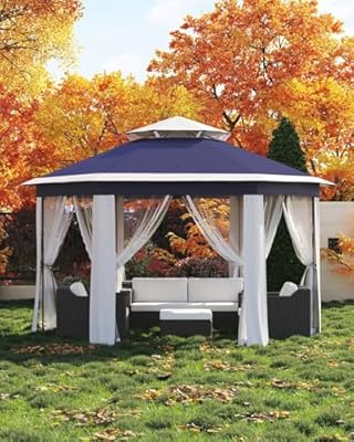 Garveelife Pop Up Gazebo 13x13, 6 Sided Outside Canopy Tent with Mosquito Netting, One Push Setup for Backyard Patio Garden Activities - Blue & Beige