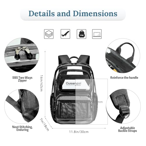 Image of Cusangel Large Clear backpack for girls,16in TPU Plastic Bookbag,Stadium,school, and other security check locations (Black)