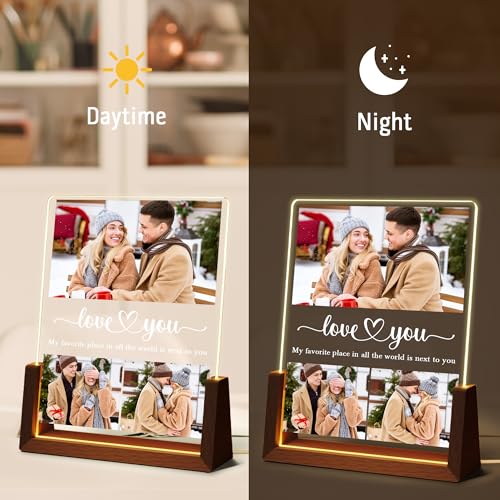 Ship Next Day Personalized Valentine's Day Gifts for Him/Her, Custom Walnut Acrylic Light Up Picture Frame, I Love You Birthday Gifts for Girlfriend Boyfriend Wife Husband Anniversary Couple Gifts