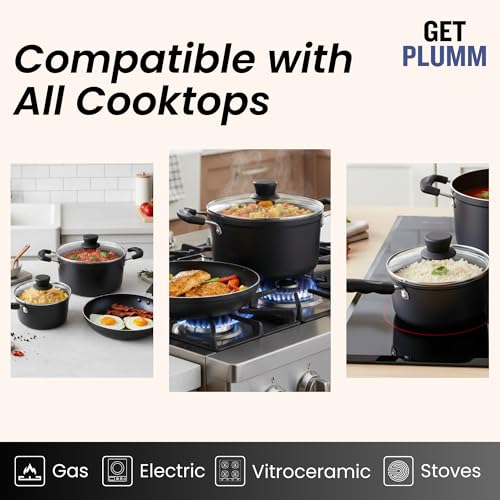 Image of Get Plumm Non-Stick Ceramic Cookware Set of 5 | Cooking Pot, Sauce Pot & Kadhai, Fry Pan, Sauce Pan | 24-20-16cm |Induction & Gas Compatible | Black