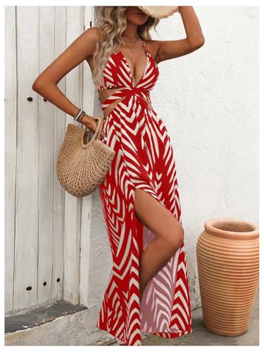 Image of SOLY HUX Women's Tie Backless Cut Out Halter Dress Deep V Neck High Split Long Flowy Dresses