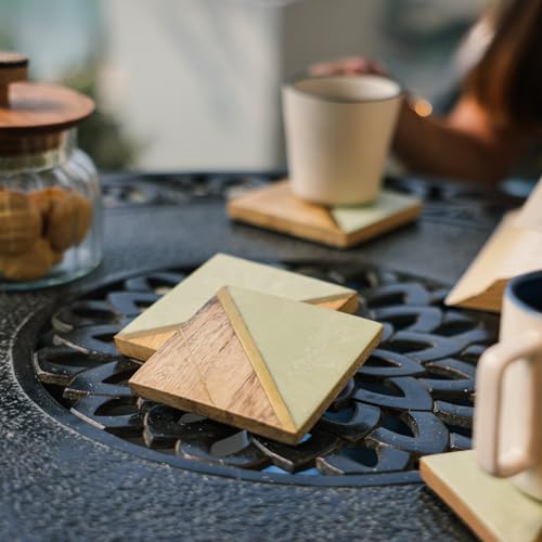 Image of iIreka Home Earth's Edge Coaster Set (Set of 4) - Mango Wood & Mint Resin with Gold Partition, Calm Sophistication - Coffee Table Decor, Modern Cup Coaster for Kitchen, Tea, Coffee Mugs & Glasses