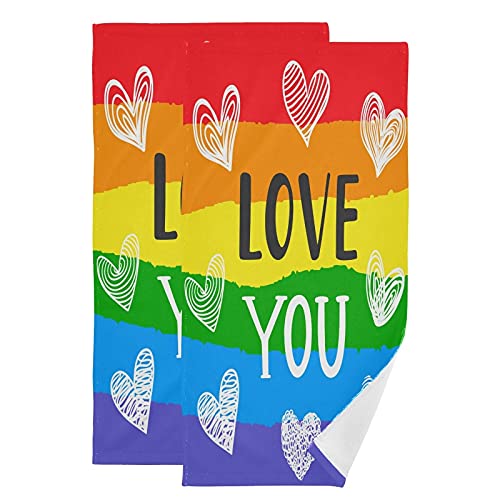 2 Pack Gay Rainbow Flag Bath Hand Towels for Bathroom 15x24 in Love You Pride Kitchen Dish Towel Set, Soft Multipurpose Decorative Guest Fingertip Towel Washcloth for Beach Spa Gym Sport
