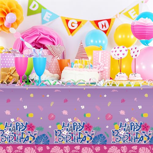 Image of Oudain 3 Pcs Cartoon Birthday Party Disposable Tablecloth Decoration Hawaiian Hibiscus Tropical Leaves Pattern Table Cloths 108'' x 54'' Luau Plastic Waterproof Rectangular Covers for Party (Purple)