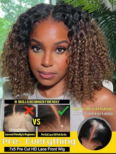 Image of Sunber Ombre Brown Short Curly Bob Wig Human Hair Bye Bye Knots Glueless Wigs Pre Cut 7x5 HD Lace Closure Wig No Slip Pre Plucked Ready to Go Bob Curly Wig 8Inch