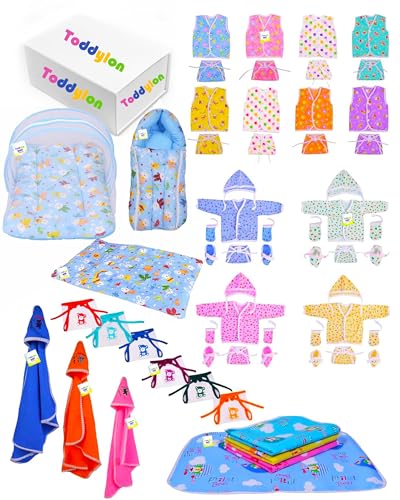 Image of Toddylon 56 in 1 New Born Baby Products All | Gift Packs | Maternity Kit | Baby Clothes | Baby Bedding Set | Essentials Items | Baby Shower | Combo Pack | Infants (Multicolor, 0-6 Months)