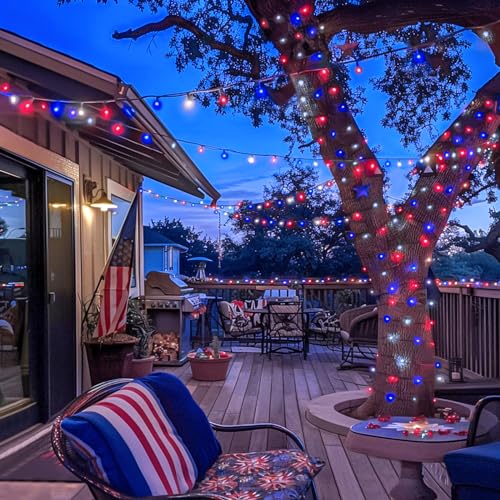 Jmexsuss JM-S-100 2 Pack Red White And Blue Solar Lights 100Led 42.7Ft Patriot Solar String Lights Waterproof, 8 Modes 4Th Of July Lights For Independence Day, Gardens, Tree, Outdoor 4Th Of July Decorations thumb #3